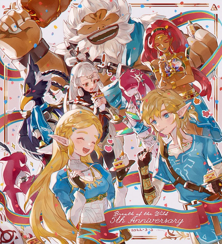 link, princess zelda, mipha, urbosa, impa, and 2 more (the legend of zelda and 2 more) drawn by rain_rkgk