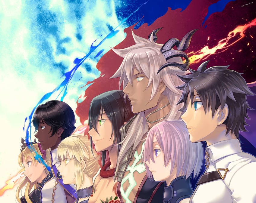 artoria pendragon, mash kyrielight, fujimaru ritsuka, saber alter, ereshkigal, and 3 more (fate and 1 more) drawn by amao_miyuki