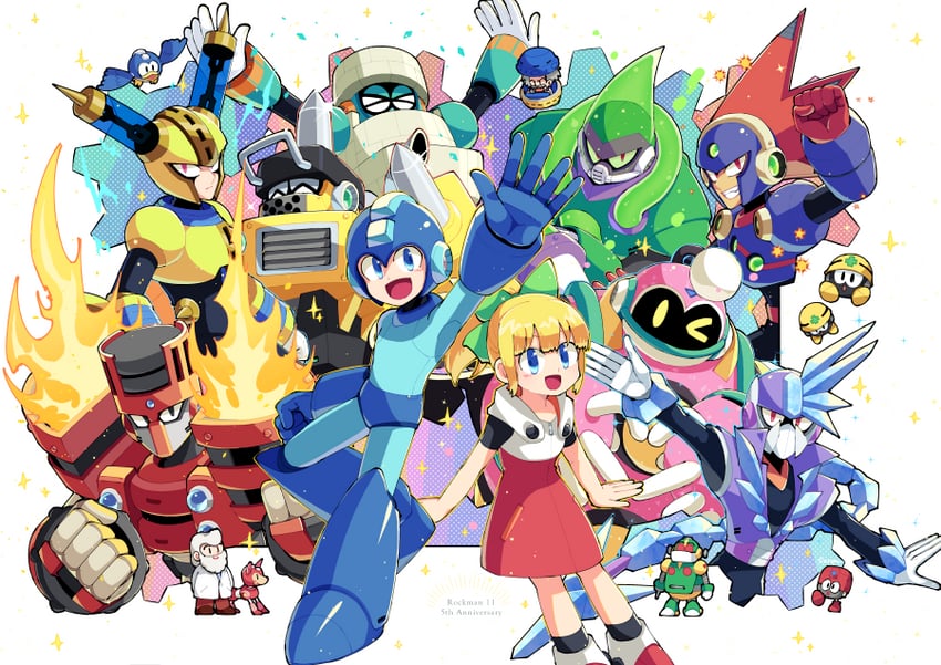 roll, mega man, met, rush, dr. light, and 12 more (mega man and 1 more) drawn by sznami129