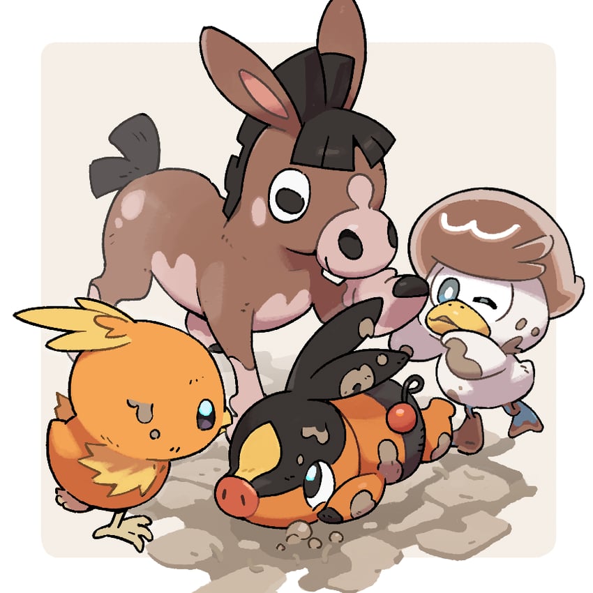 torchic, tepig, quaxly, and mudbray (pokemon) drawn by b2b_beetoboo