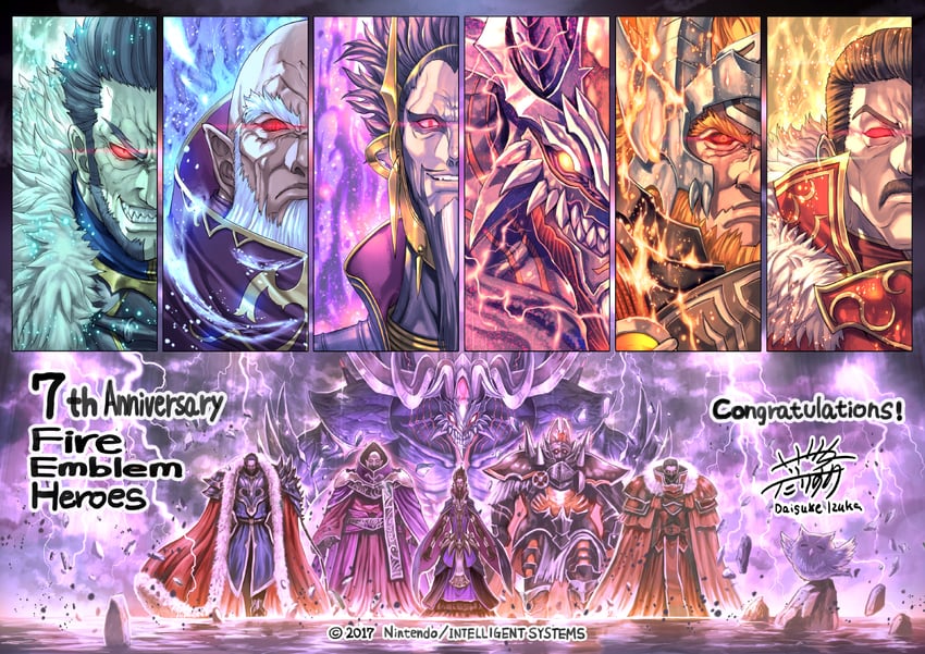 feh, surtr, fomortiis, medeus, hardin, and 2 more (fire emblem and 5 more) drawn by izuka_daisuke