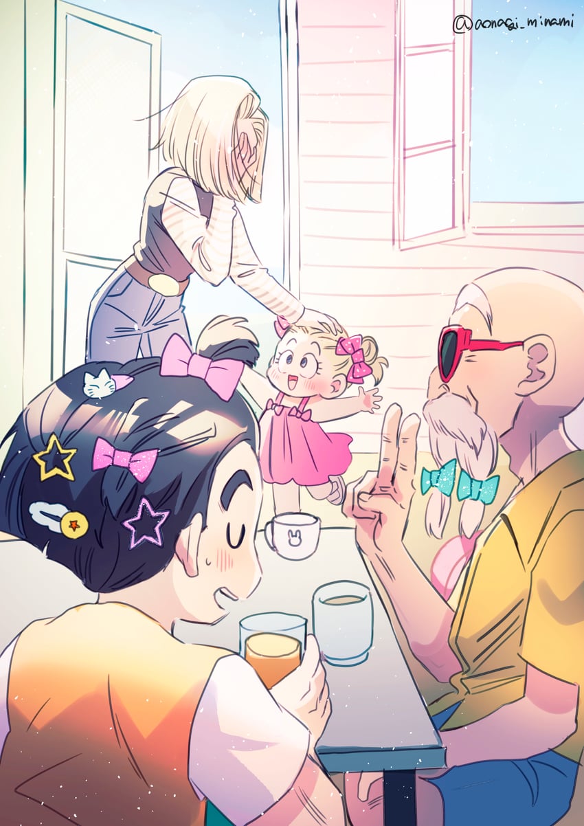 android 18, kuririn, muten roushi, and marron (dragon ball and 1 more) drawn by aonagi_minami