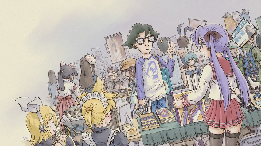 kagamine rin, kagamine len, suzumiya haruhi, akiyama mio, kaito, and 3 more (vocaloid and 6 more) drawn by ffyak