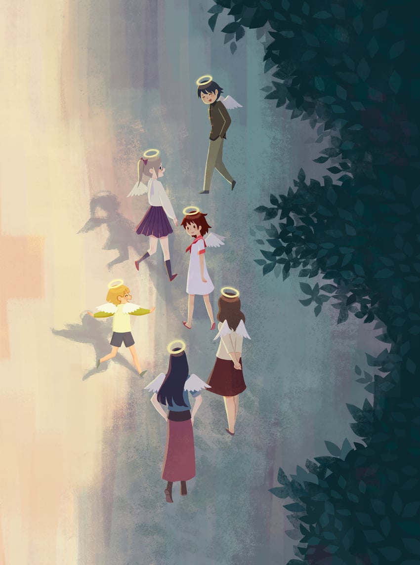 rakka, reki, kana, hikari, nemu, and 1 more (haibane renmei) drawn by nicole_lim