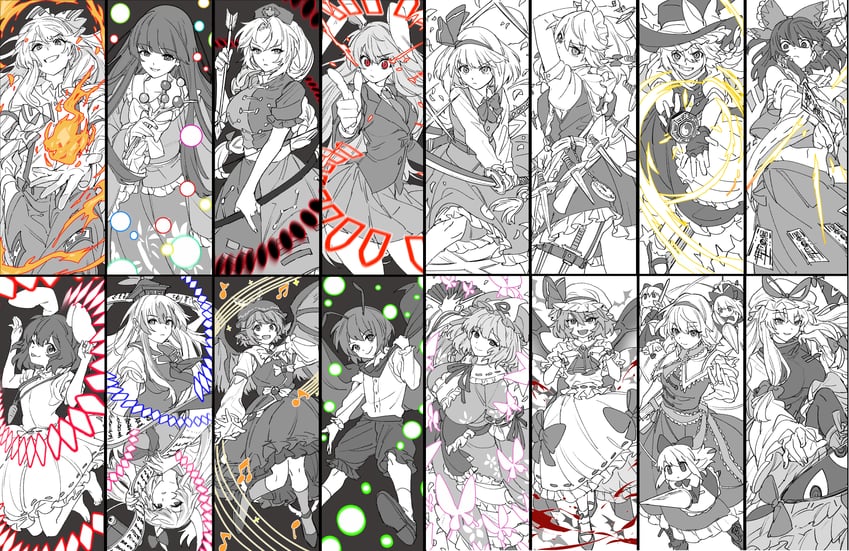 hakurei reimu, kirisame marisa, remilia scarlet, izayoi sakuya, konpaku youmu, and 13 more (touhou and 1 more) drawn by mero_(starfish_jcs)