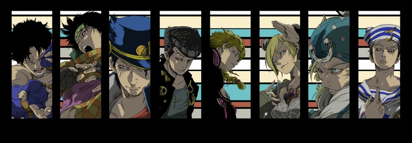 joseph joestar, kujo jotaro, kujo jolyne, giorno giovanna, jonathan joestar, and 2 more (jojo no kimyou na bouken and 8 more) drawn by makkamu