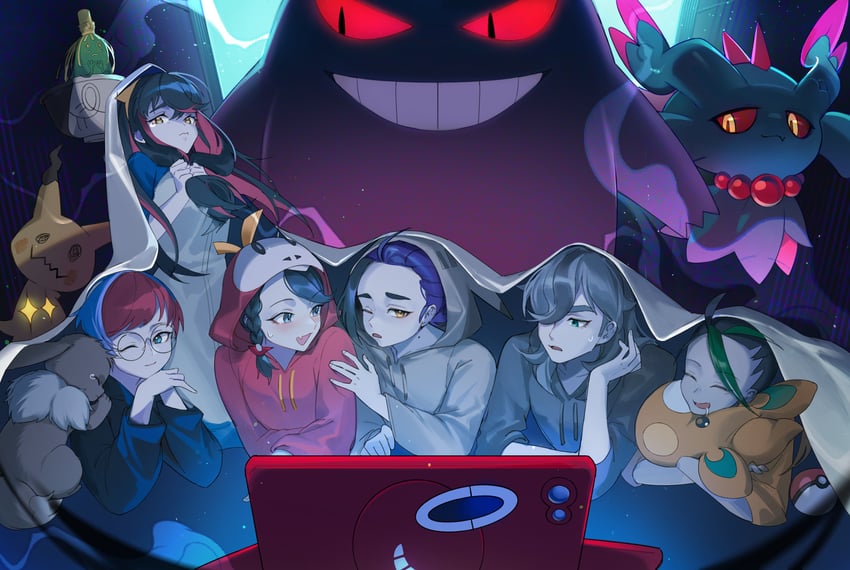 eevee, kieran, rotom, juliana, gengar, and 8 more (pokemon and 1 more) drawn by kyuri_(suika)