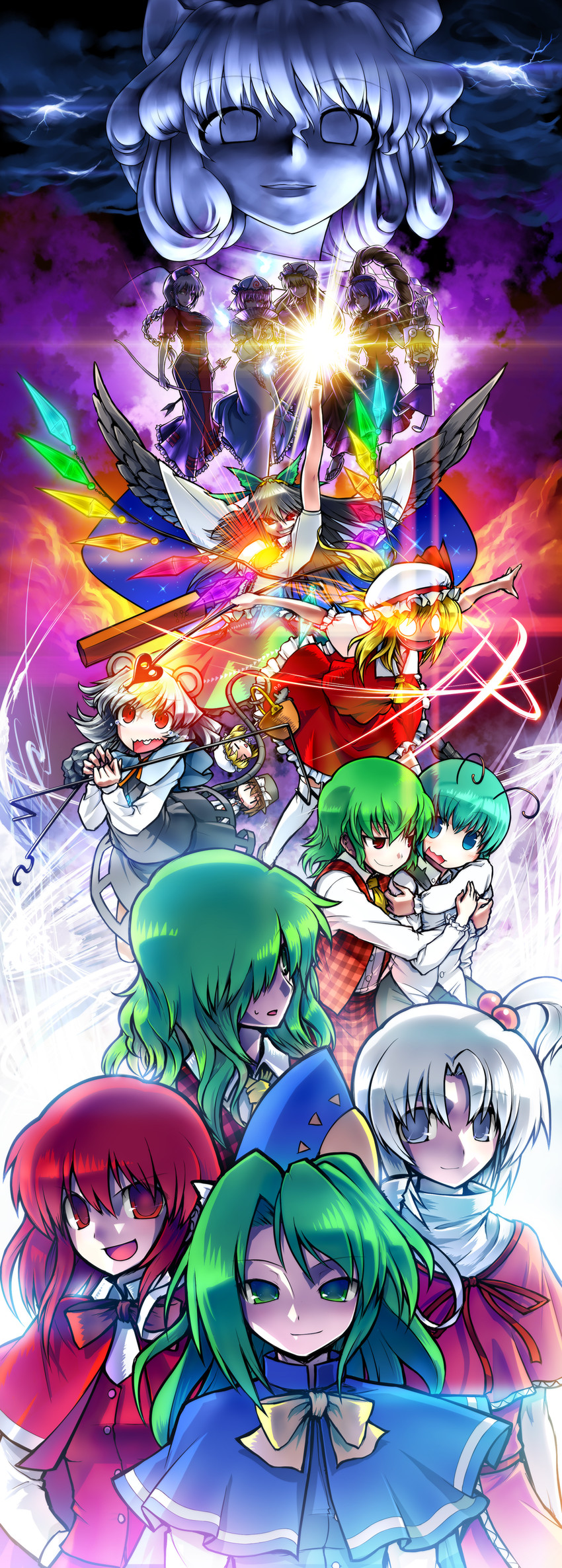 flandre scarlet, yakumo yukari, saigyouji yuyuko, moriya suwako, reiuji utsuho, and 11 more (touhou) drawn by ebizome