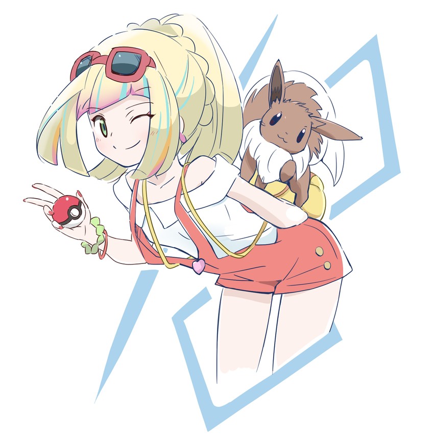 lillie, eevee, and risa (pokemon and 2 more) drawn by nagitaro