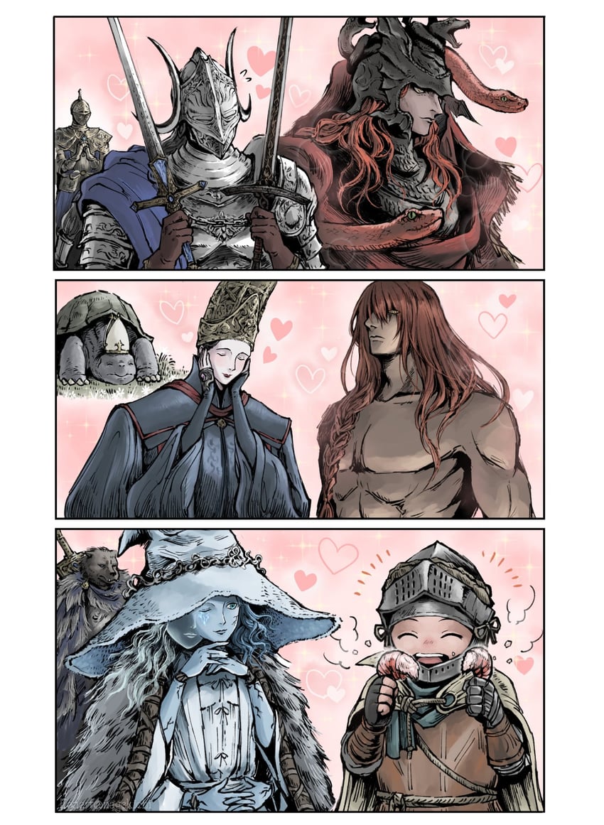 ranni the witch, tarnished, messmer the impaler, blaidd the half-wolf, rennala queen of the full moon, and 6 more (elden ring and 1 more) drawn by nagekichi