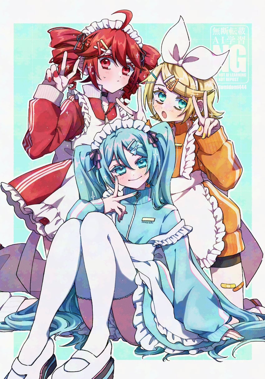 hatsune miku, kagamine rin, and kasane teto (vocaloid and 1 more) drawn by domidomi444