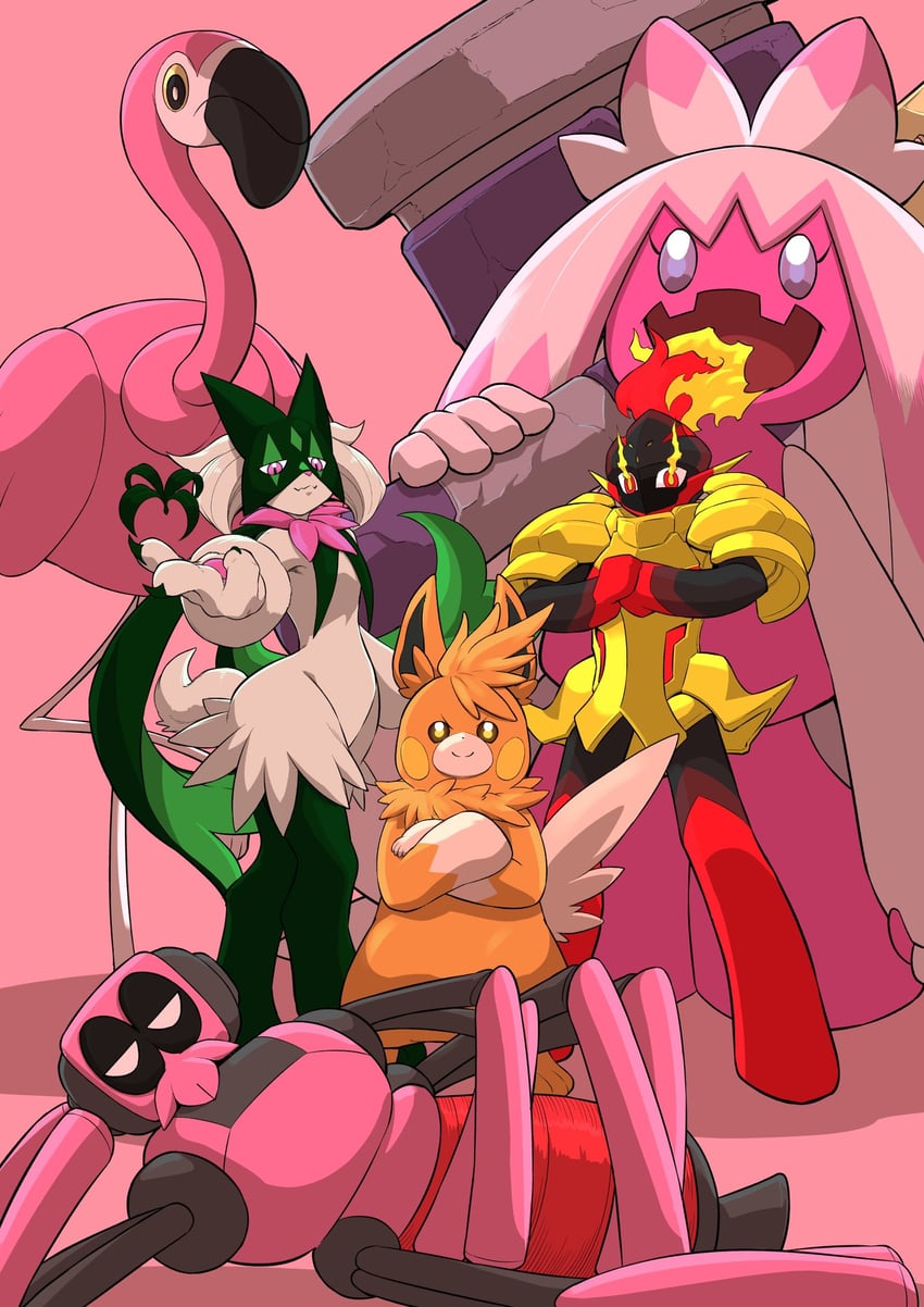meowscarada, tinkaton, pawmot, armarouge, flamigo, and 1 more (pokemon) drawn by nakayoshi_koyoshi
