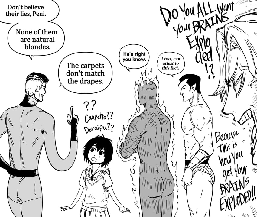 peni parker, emma frost, reed richards, johnny storm, and namor (marvel and 6 more) drawn by bb_(baalbuddy)