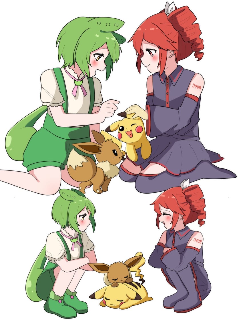 pikachu, kasane teto, eevee, and zundamon (pokemon and 3 more) drawn by haru_maron