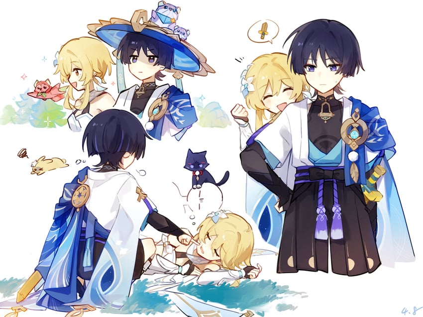 lumine, wanderer, and scaramouche (genshin impact) drawn by huhu_norii