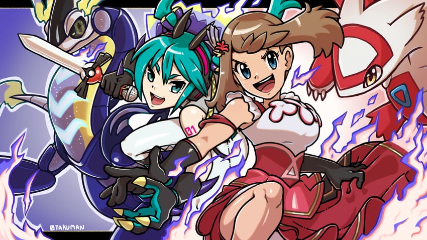 hatsune miku, latias, miraidon, dragon miku, and may (pokemon and 3 more) drawn by otakuman