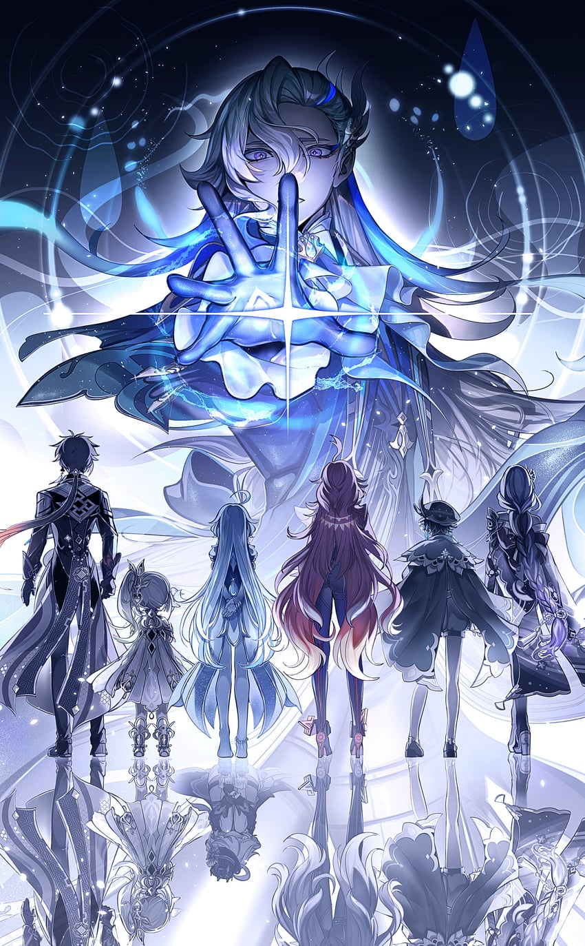 raiden shogun, furina, nahida, zhongli, venti, and 3 more (genshin impact) drawn by kamino_eru