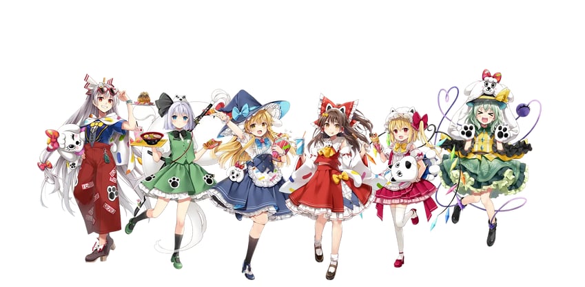 hakurei reimu, kirisame marisa, flandre scarlet, komeiji koishi, konpaku youmu, and 1 more (touhou and 1 more) drawn by eretto and natsume_eri