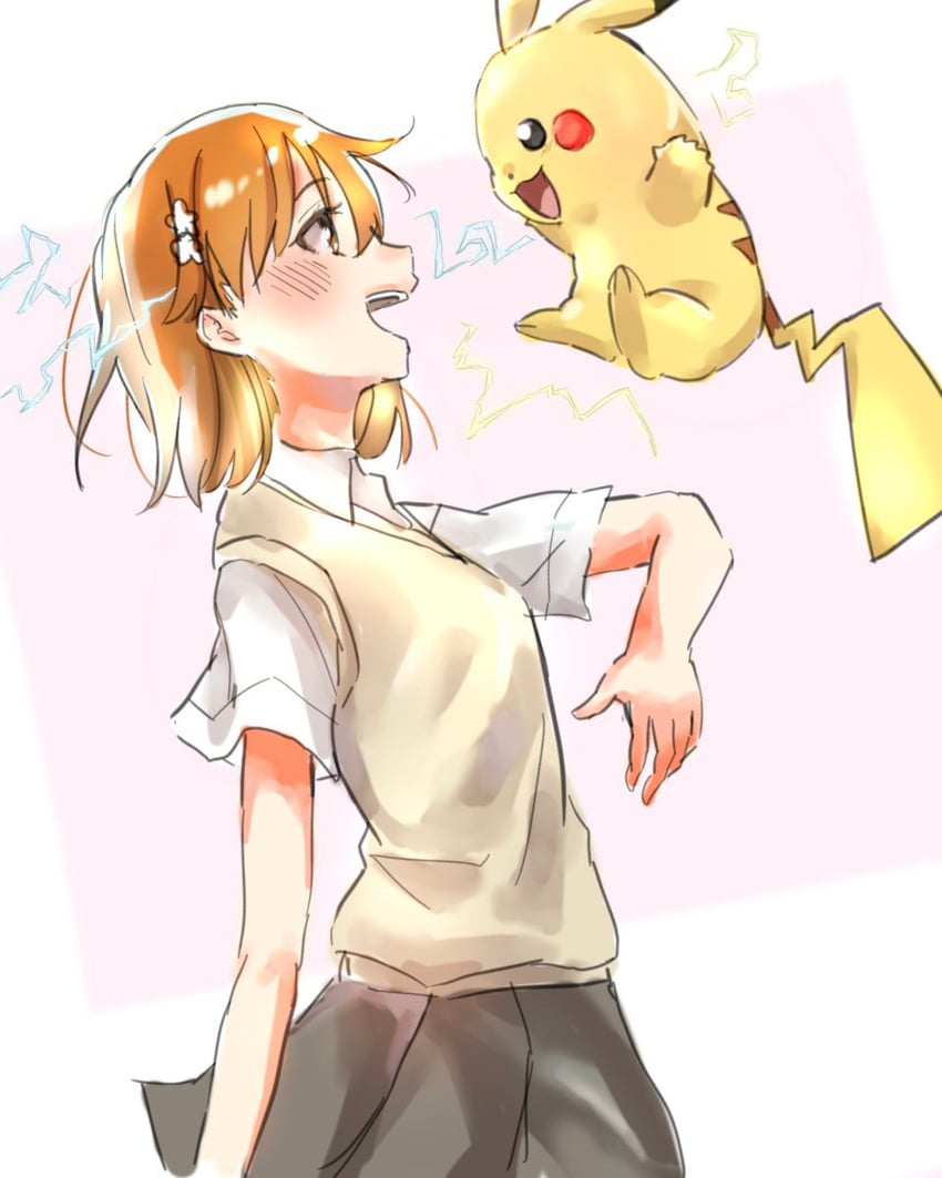 pikachu and misaka mikoto (pokemon and 2 more) drawn by natsu_(batti_yeah)