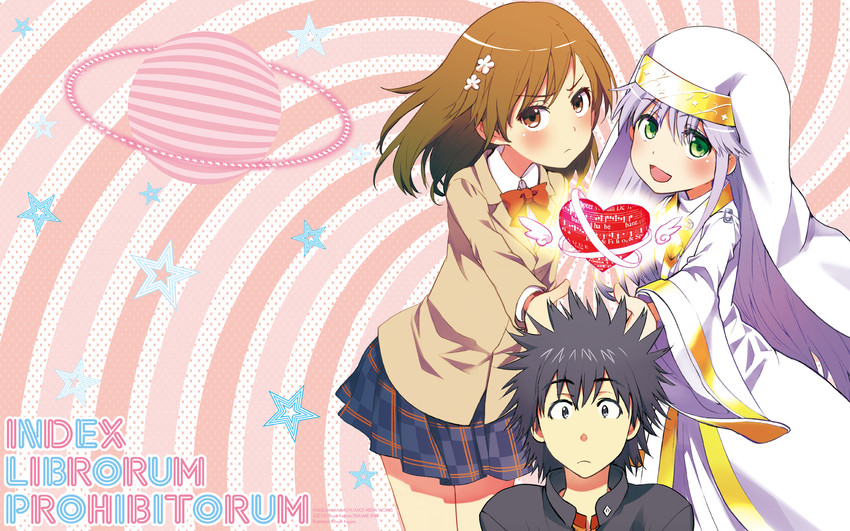 misaka mikoto, kamijou touma, and index (toaru majutsu no index) drawn by kogino_chuuya