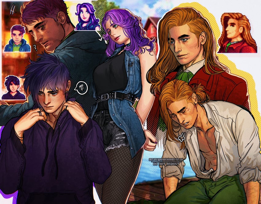 abigail, shane, sebastian, and elliott (stardew valley) drawn by umikochannart