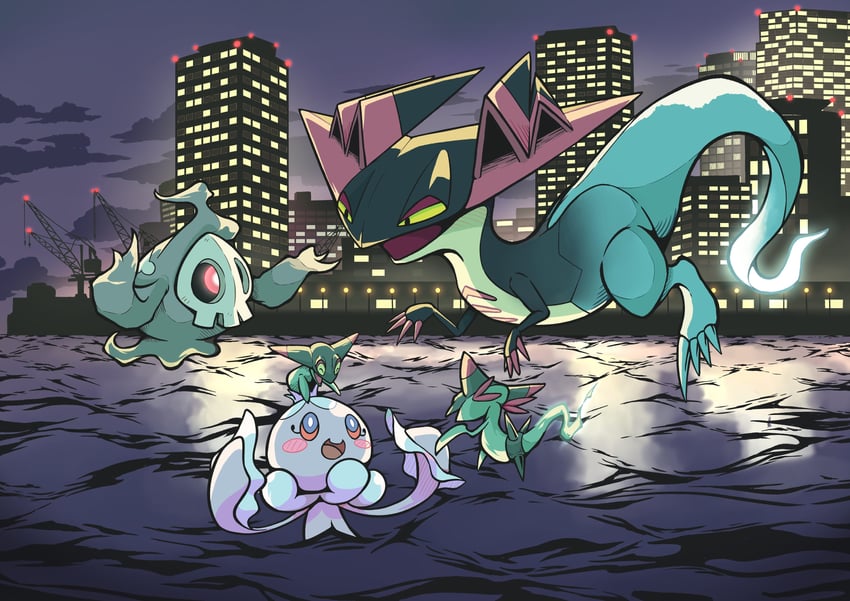 dreepy, dragapult, duskull, and frillish (pokemon) drawn by q-chan
