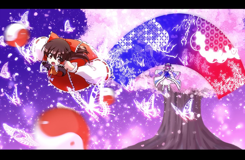 hakurei reimu, saigyouji yuyuko, and saigyou ayakashi (touhou and 1 more) drawn by norun