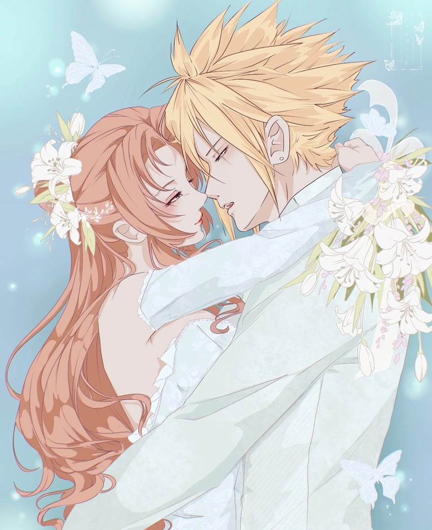 cloud strife and aerith gainsborough (final fantasy and 1 more) drawn by shanlieart