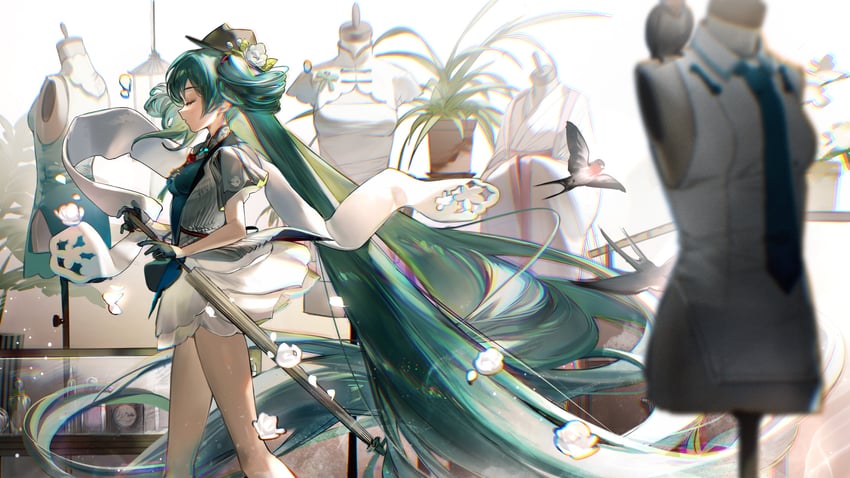 hatsune miku, chuushuu meigetsu miku, and shaohua hatsune miku (vocaloid and 1 more) drawn by rumoon