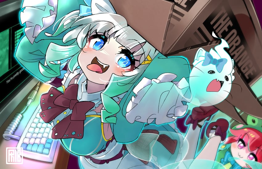 takanashi kiara, mint fantome, solid snake, wisps, and frogiwawa (hololive and 3 more) drawn by phibonnachee