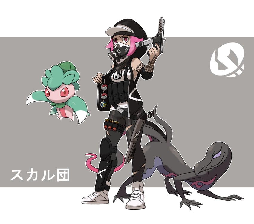 team skull grunt, salazzle, and fomantis (pokemon and 1 more) drawn by thegraffitisoul