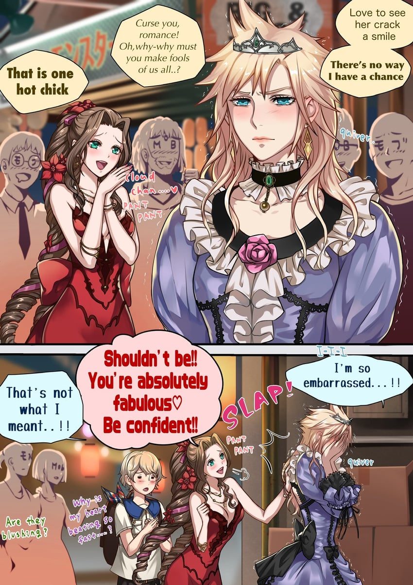 cloud strife, aerith gainsborough, and chadley (final fantasy and 2 more) drawn by halu-ca