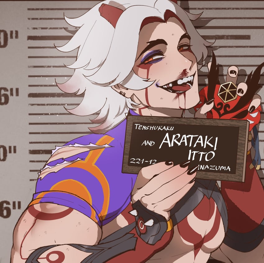 arataki itto (genshin impact and 1 more) drawn by nyantcha
