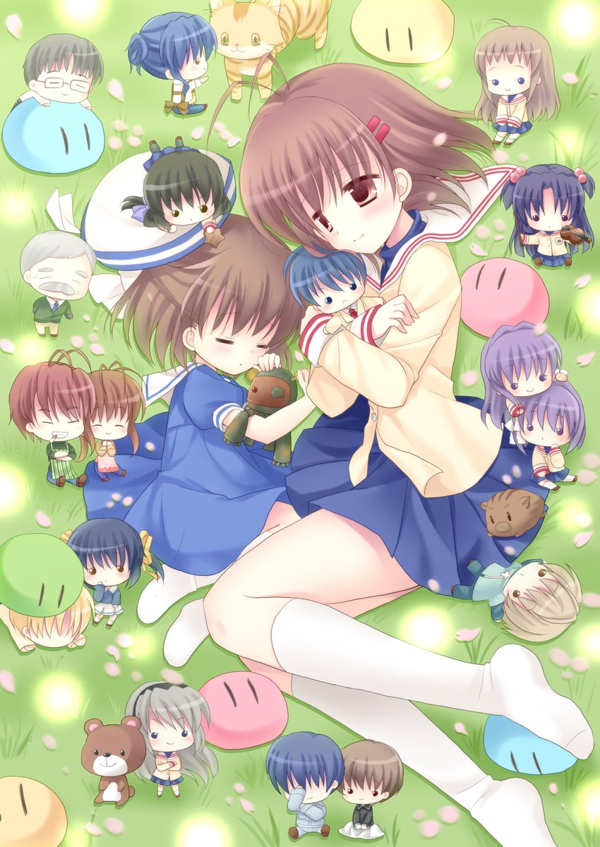 furukawa nagisa, fujibayashi kyou, ibuki fuuko, sakagami tomoyo, okazaki tomoya, and 16 more (clannad and 1 more) drawn by hoshimame_mana