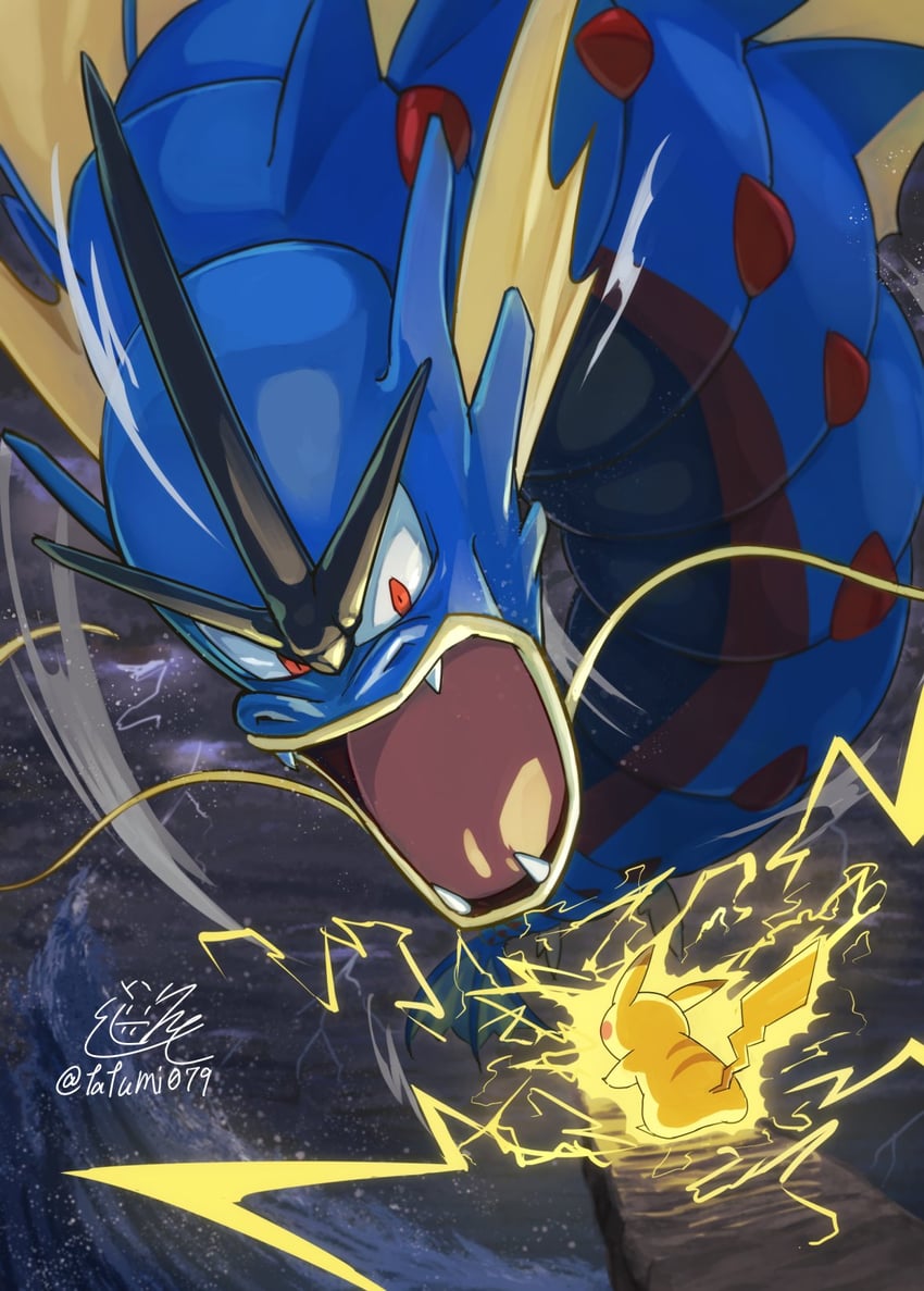 pikachu, gyarados, and mega gyarados (pokemon) drawn by tatsumi_(panneko)