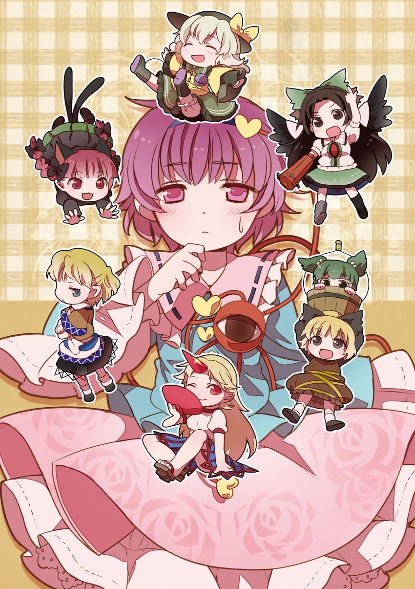 komeiji koishi, komeiji satori, kaenbyou rin, reiuji utsuho, mizuhashi parsee, and 3 more (touhou and 1 more) drawn by chaba_(hortensia)