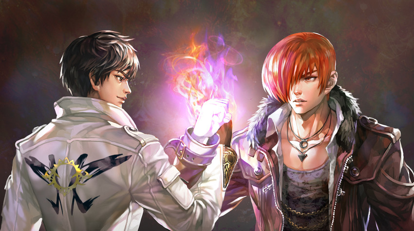 yagami iori and kusanagi kyou (the king of fighters and 1 more) drawn by kim_yura_(goddess_mechanic)