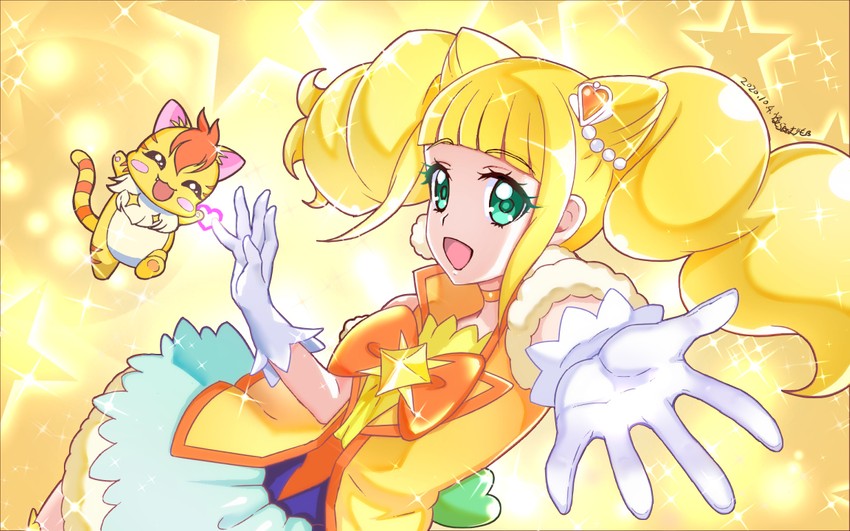 hiramitsu hinata, cure sparkle, and nyatoran (precure and 1 more) drawn by ultramarimo