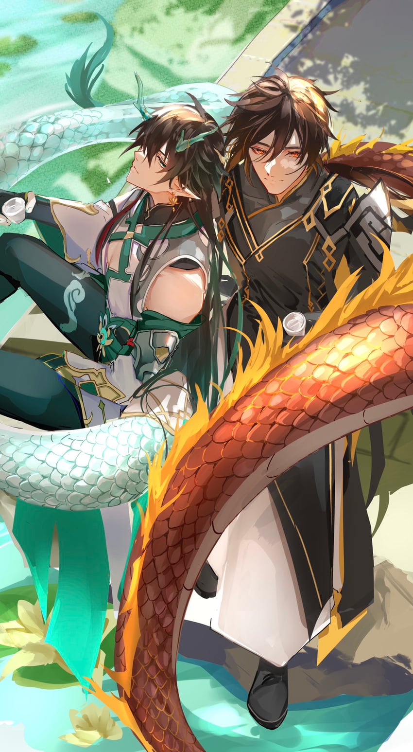 zhongli and dan heng (genshin impact and 3 more) drawn by ntk_jz