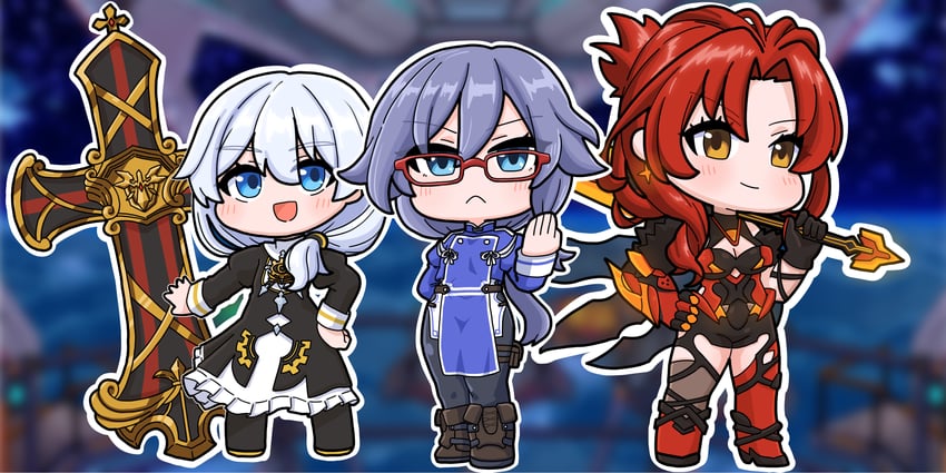 fu hua, theresa apocalypse, and murata himeko (honkai and 1 more) drawn by mokkyo_(motkyo)