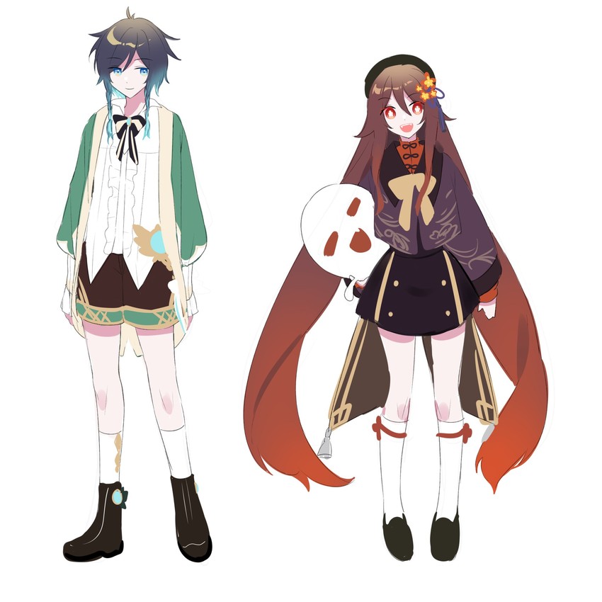 hu tao, venti, and boo tao (genshin impact) drawn by venti_suki
