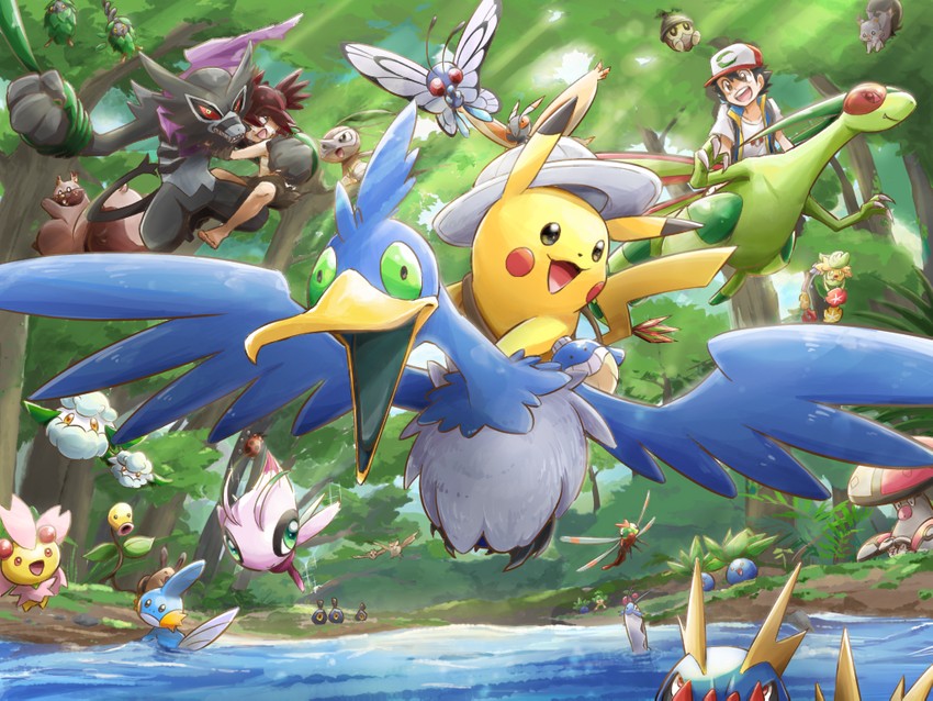 pikachu, ash ketchum, mudkip, flygon, celebi, and 28 more (pokemon and 1 more) drawn by ayo_(ayosanri009)