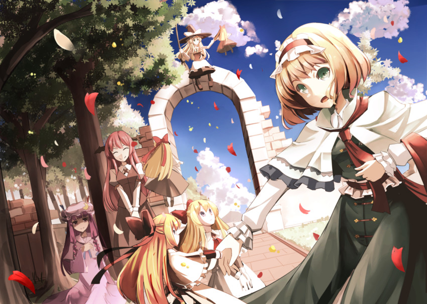 kirisame marisa, alice margatroid, patchouli knowledge, koakuma, shanghai doll, and 1 more (touhou) drawn by clere