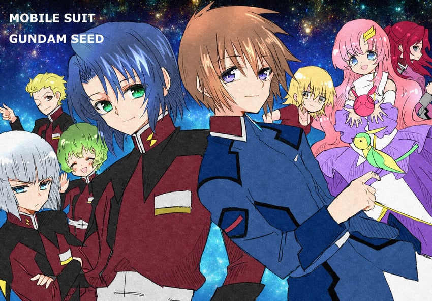 haro, cagalli yula athha, athrun zala, lacus clyne, kira yamato, and 4 more (gundam and 1 more) drawn by kira0902