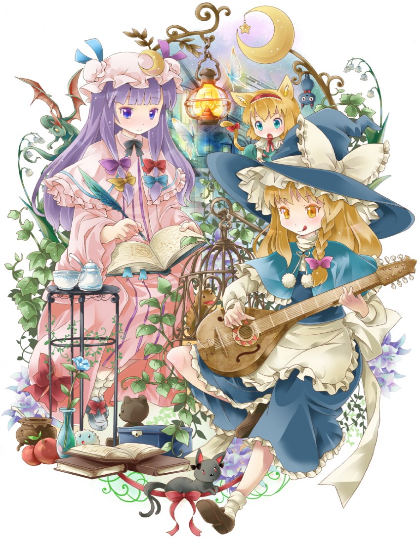kirisame marisa, alice margatroid, patchouli knowledge, kaenbyou rin, and kedama (touhou) drawn by michii_yuuki