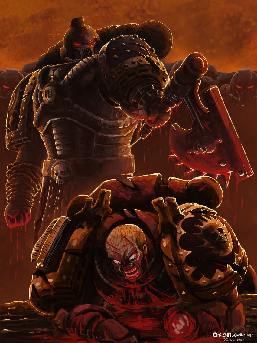 adeptus astartes, kharn the betrayer, and erebus (warhammer 40k) drawn by niellustrate
