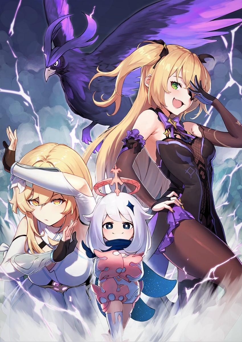 lumine, paimon, fischl, and oz (genshin impact) drawn by alaskastomatoez