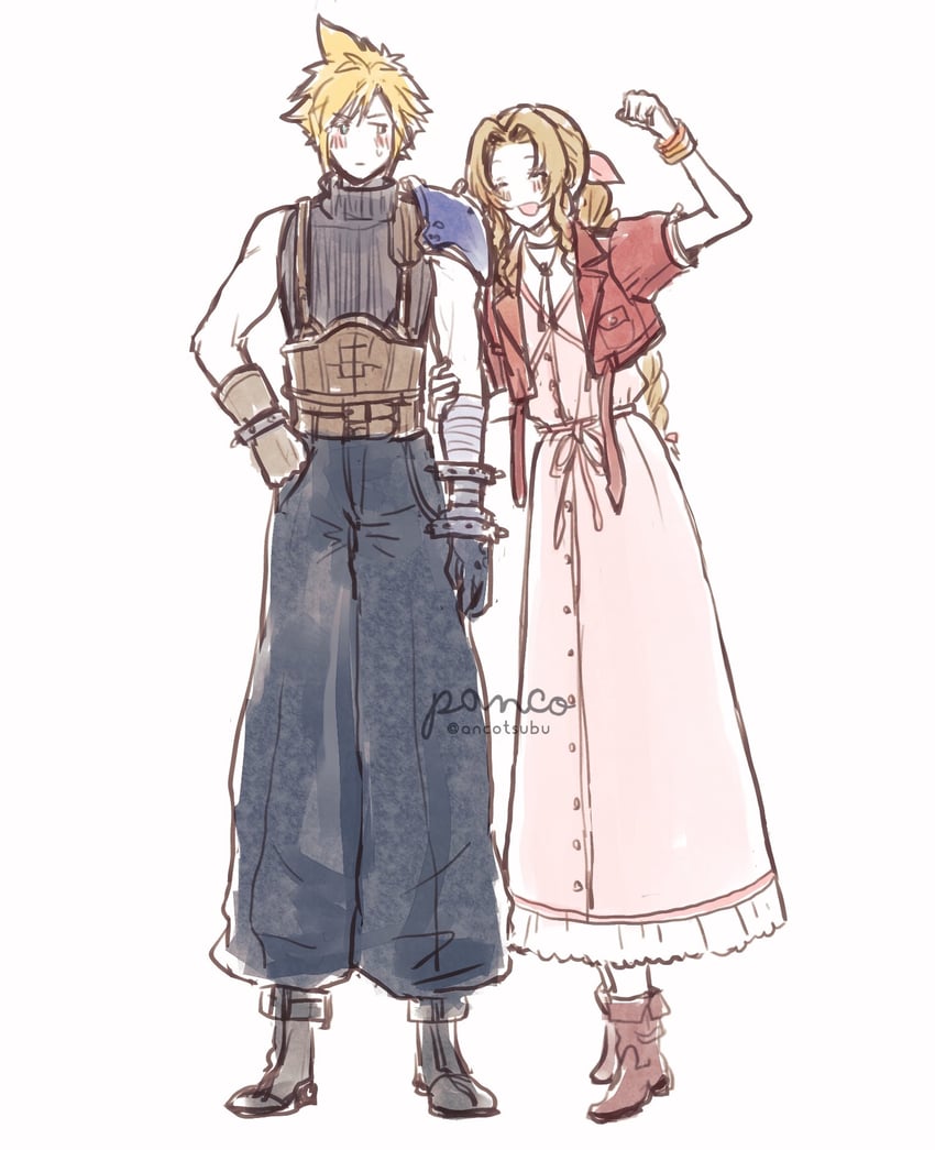 cloud strife and aerith gainsborough (final fantasy and 2 more) drawn by ancotsubu