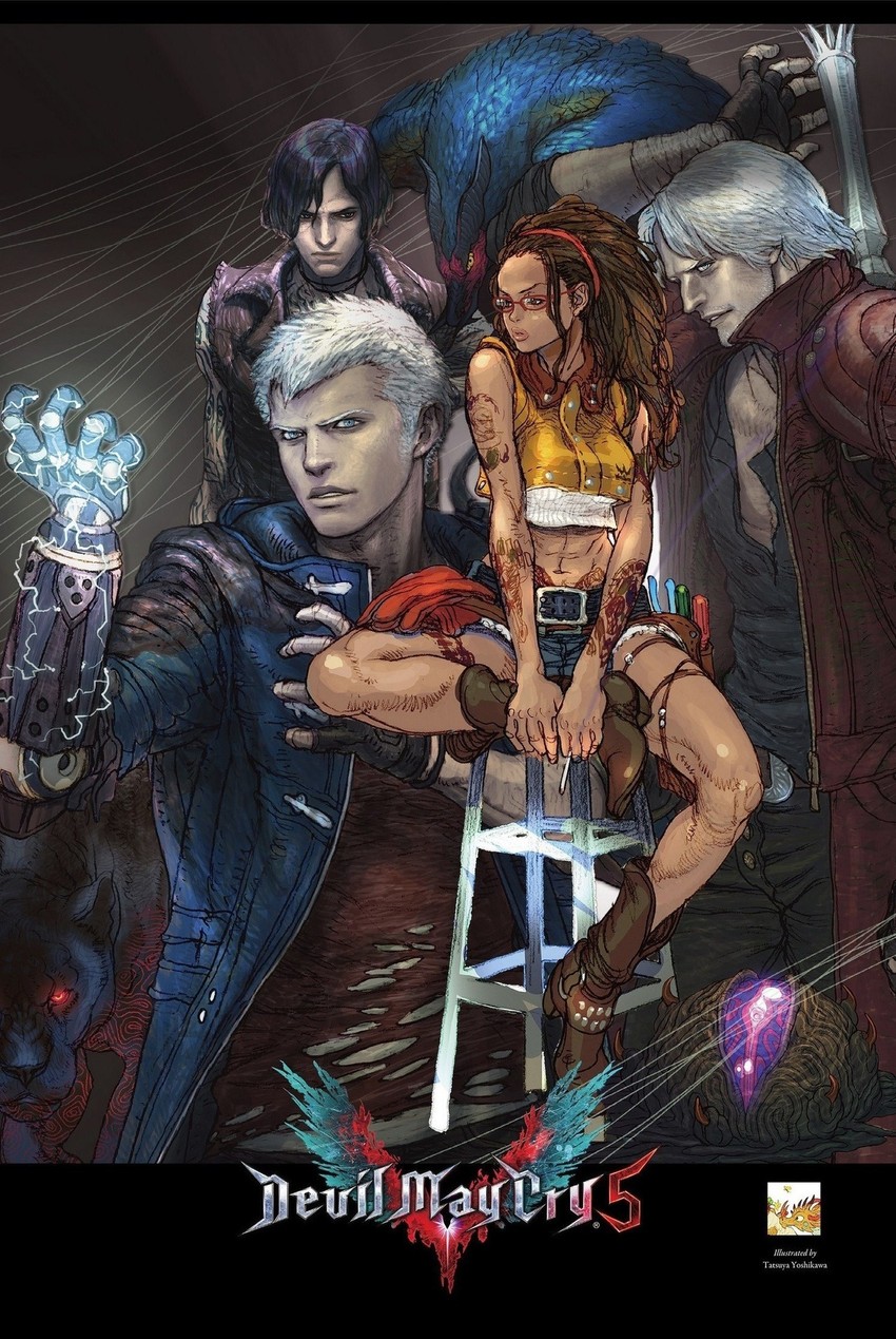 dante, nero, v, nico, griffon, and 1 more (devil may cry and 1 more) drawn by yoshikawa_tatsuya