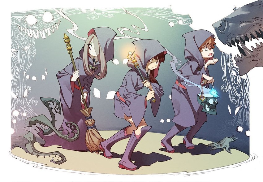 kagari atsuko, sucy manbavaran, and lotte jansson (little witch academia) drawn by yoshinari_you